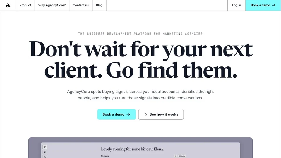 AgencyCore marketing website with large editorial typography and turquoise accents