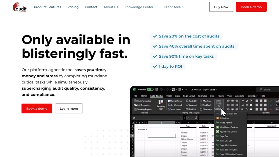 Original Audit Toolbar homepage design with product screenshots and red accents