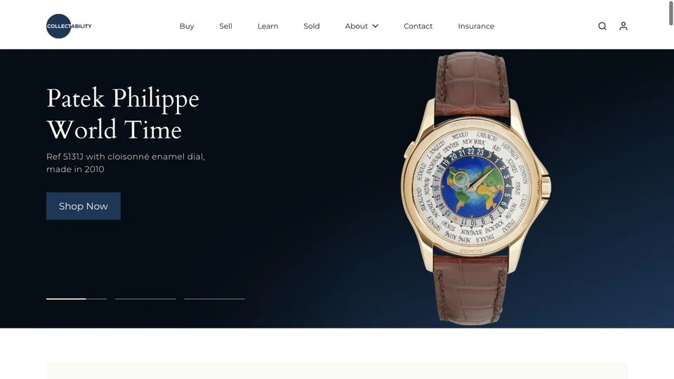 Collectability website with a Patek Philippe watch and dark blue hero