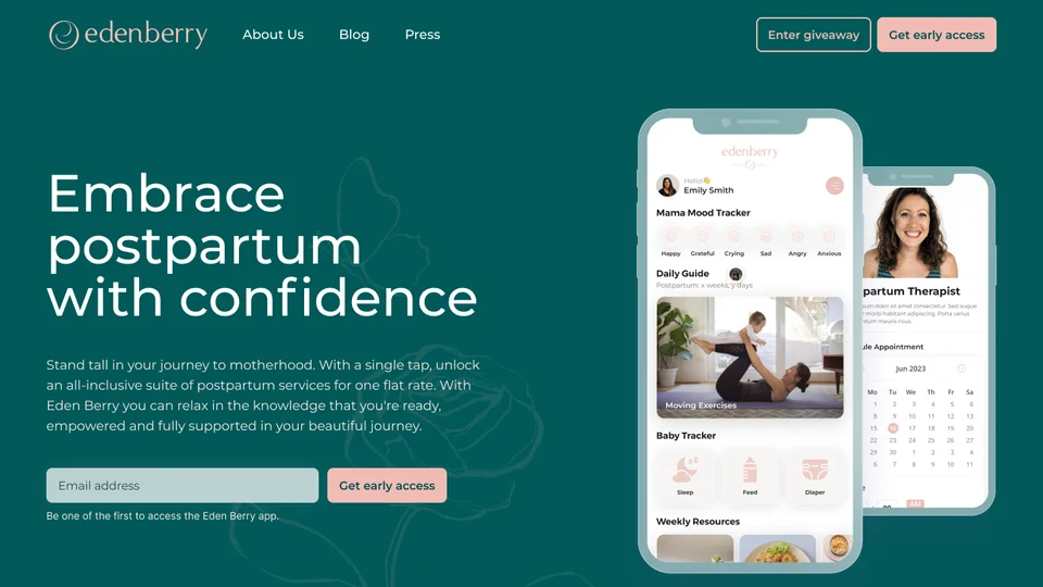 Original Edenberry landing page design with a teal background and app previews