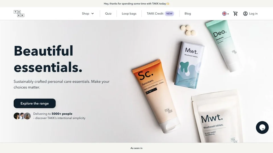 TAKK website with personal care products and the Beautiful essentials headline