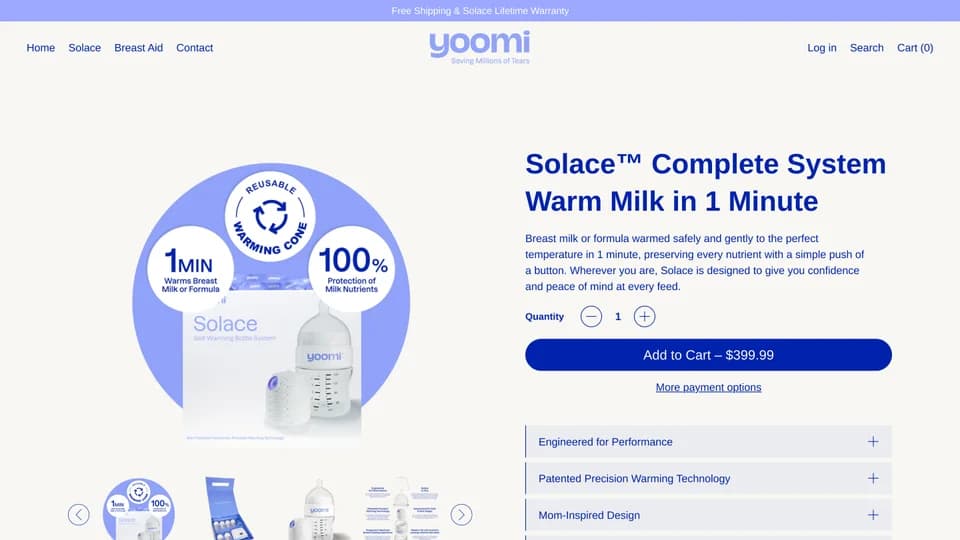 Original Yoomi Solace product page design with product photography and blue accents