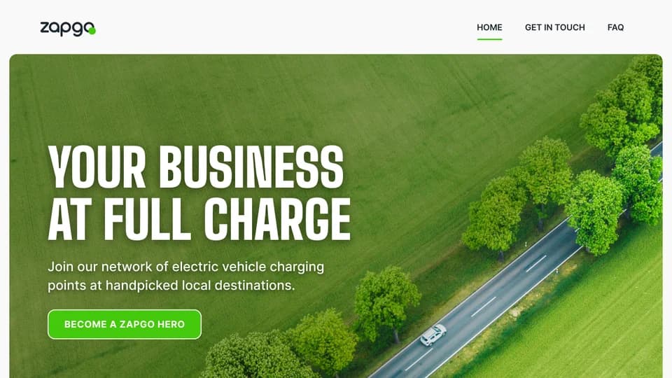 Original Zapgo website design with green landscape photography and bold typography