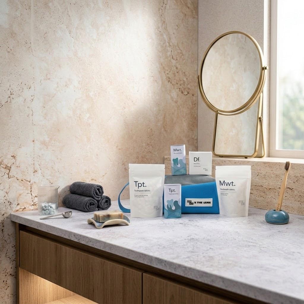 TAKK's range of sustainable personal-care essentials styled on a marble bathroom counter.